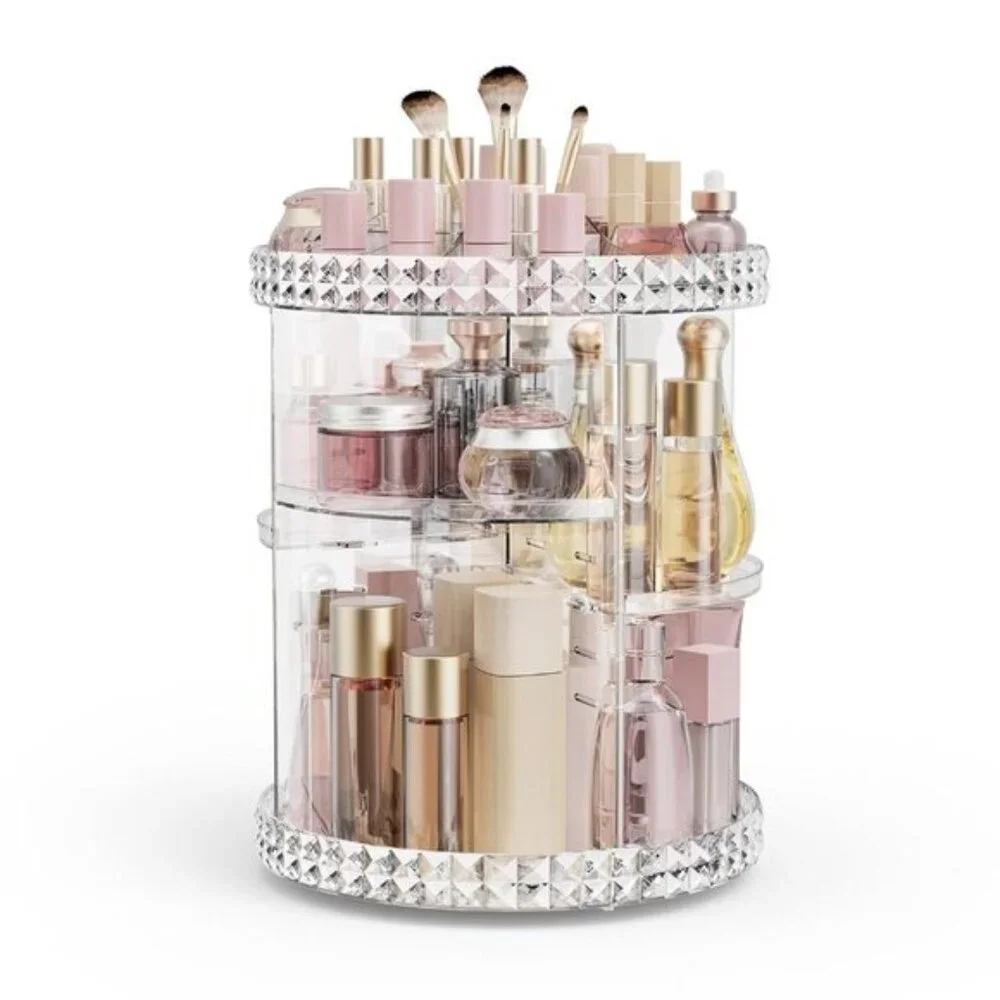 New 360° Rotating Makeup Organizer, Adjustable Clear Cosmetic Storage for Room